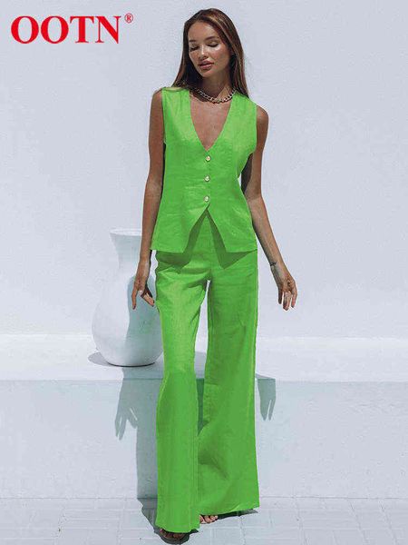 

ootn office 2 piece sets elegant cotton v neck sleeveless button vest outfit summer high waist wide pants suit women j220813, White;black