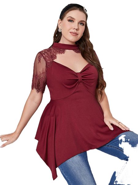 

plus choker neck lace insert asymmetrical hem peplum tee s6tk#, Black