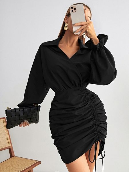 

flounce sleeve drawstring front ruched side dress d1ud#, Black;gray