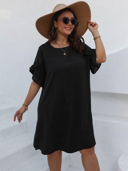 

plus frill trim petal sleeve tunic dress r2k8#, Black