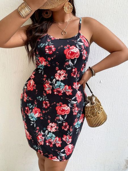 

plus floral cami dress u15x#, Black
