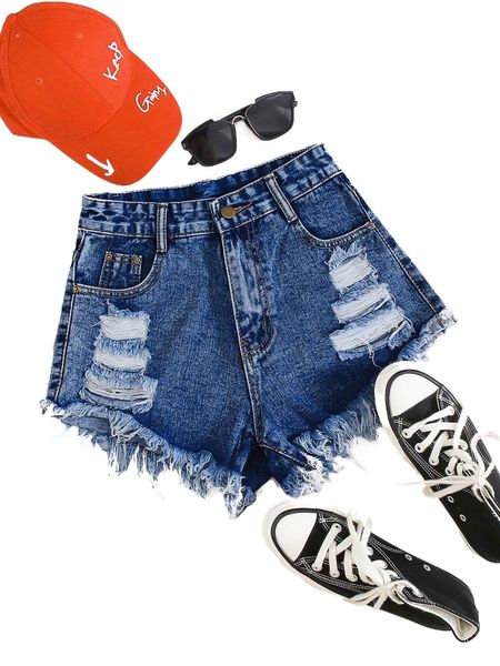 

destroyed fray hem denim shorts 70jx#, White;black