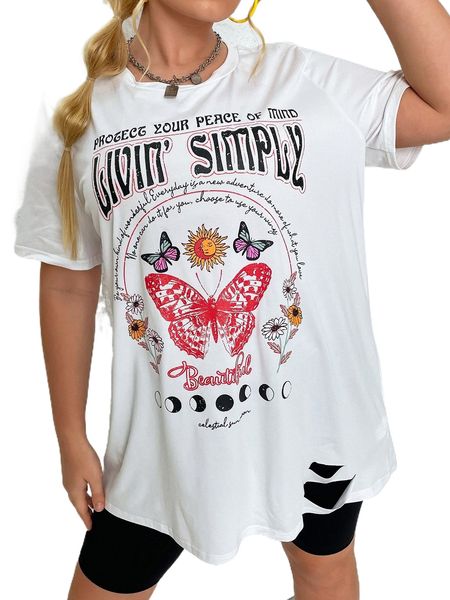 

plus slogan & butterfly print ripped tee o5u9#, Black