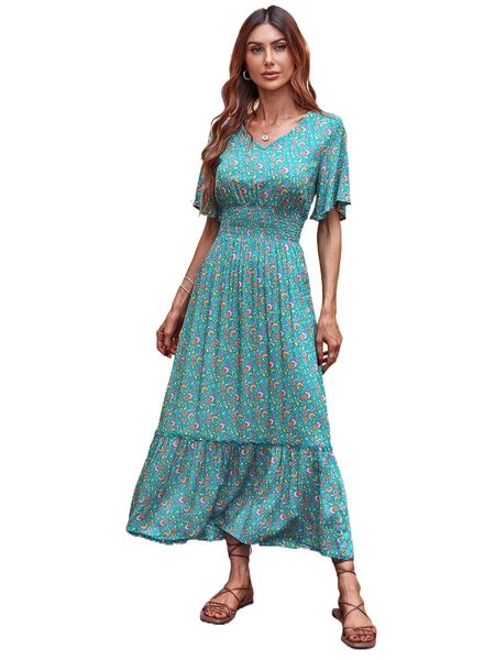 

floral print shirred waist ruffle hem dress v0gn#, Black;gray