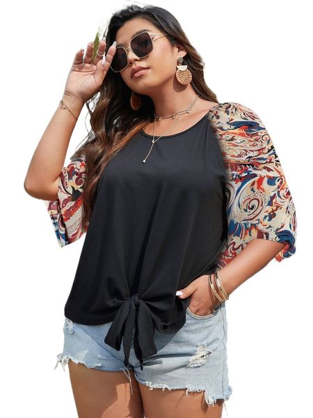 

plus paisley print raglan sleeve knot hem tee b65h#, Black
