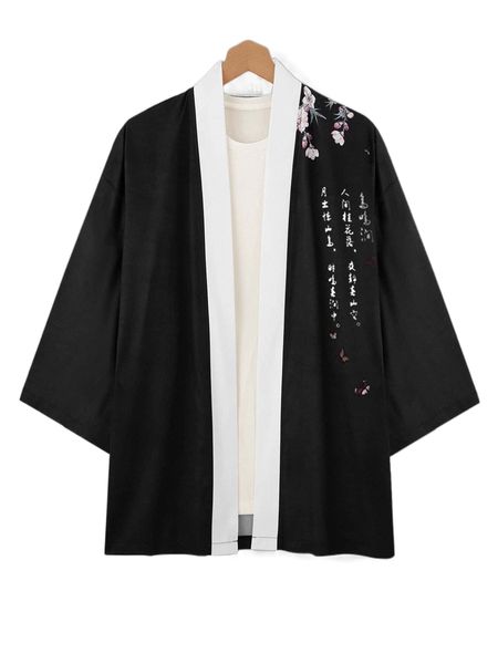

men floral & chinese letter graphic contrast trim kimono without tee q9mi#, White;black