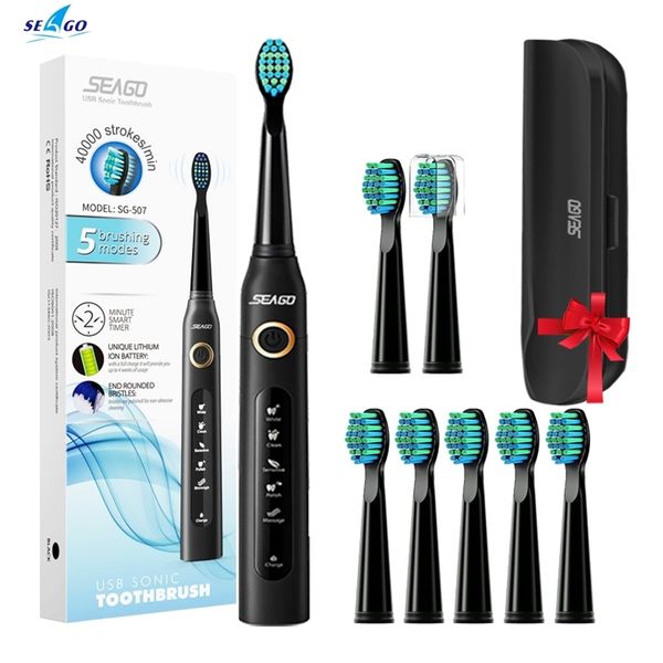 

seago sonic electric toothbrush sg-507 timer brush 5 modes usb charger rechargeable tooth brushes replacement heads set 220801