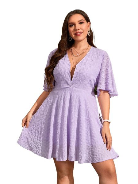 

plus notched neck butterfly sleeve textured dress p2n5#, Black