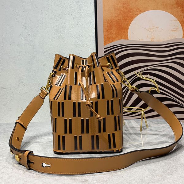 

drawstring bucket bag women crossbody handbag messenger bags letter embossed printing genuine leather wide shoulder strap