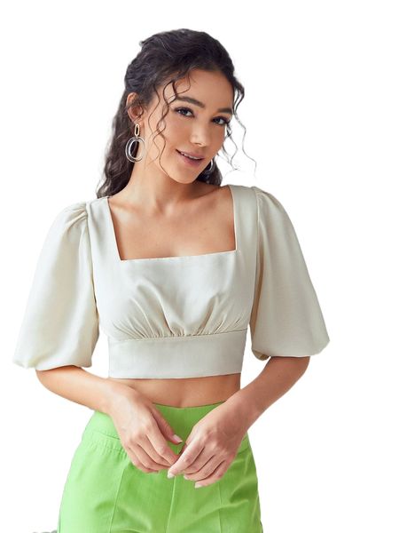 

ruched square neck puff sleeve crop blouse 80g2#, White