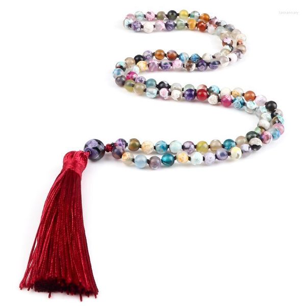 Fios de miçangas de fogo boêmio de 6 mm de incêndio natural Agates Onyx Stone Colar para mulheres 108 Mala Red Tassel Yoga Jóias Lariat colares Lars22