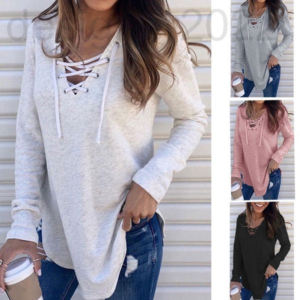 

women's t-shirt designer autumn and winter solid color v-neck tie loose t-shirt om8735 xv0y, White