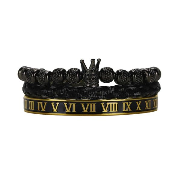 Braccialetti con ciondoli Luxury Roayl King Crown Bracciale Set Bracciale in corda Numeri romani neri Perline in acciaio inossidabile Braccialetti per uomo GioielliFascino