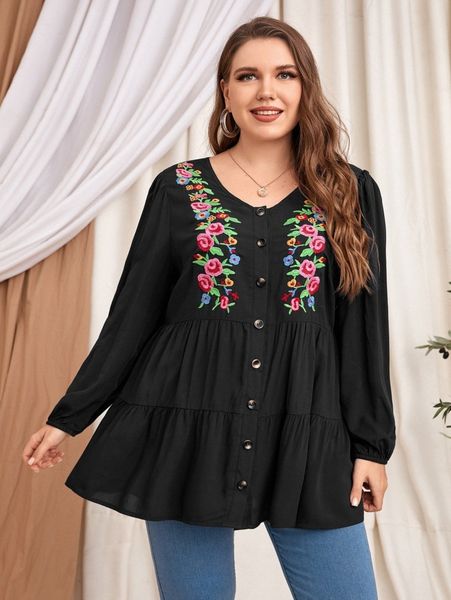 

plus floral embroidery button front peplum blouse s8wr#, Black