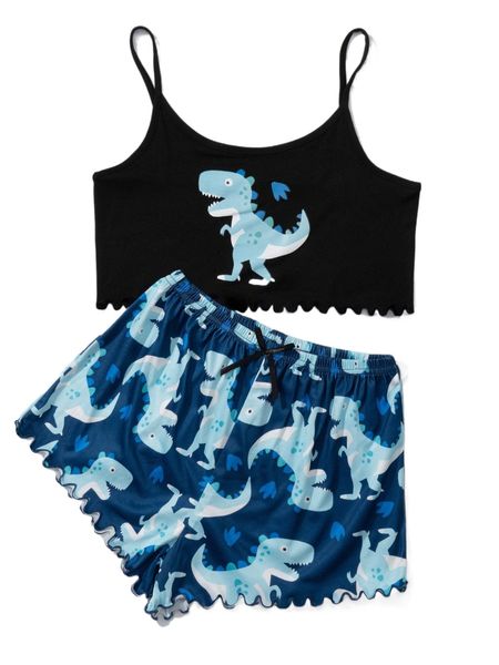 

dinosaur print bow detail scallop trim pj set w8ma#, Black;red