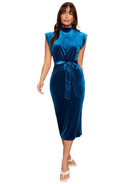 

mock neck shoulder padded self belted velvet dress 423p#, Black;gray