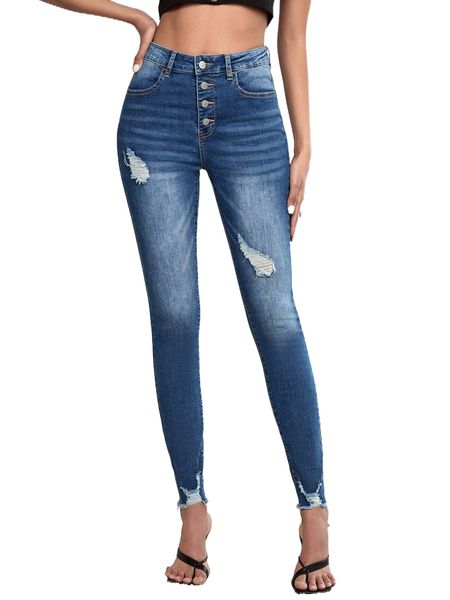 

tall high waist button front ripped raw hem skinny jeans c1dq#, Blue