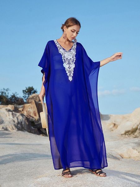 

floral embroidery batwing sleeve cover up l91q#, White;black