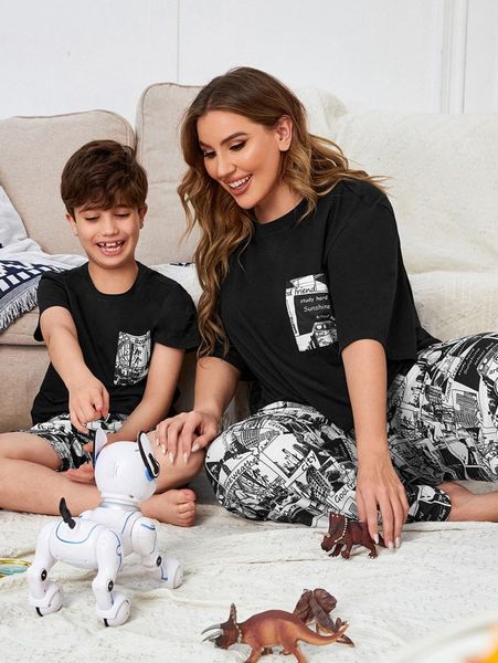 

plus 1pc comic print tee & 1pc sleep pants m31k#, Black;white