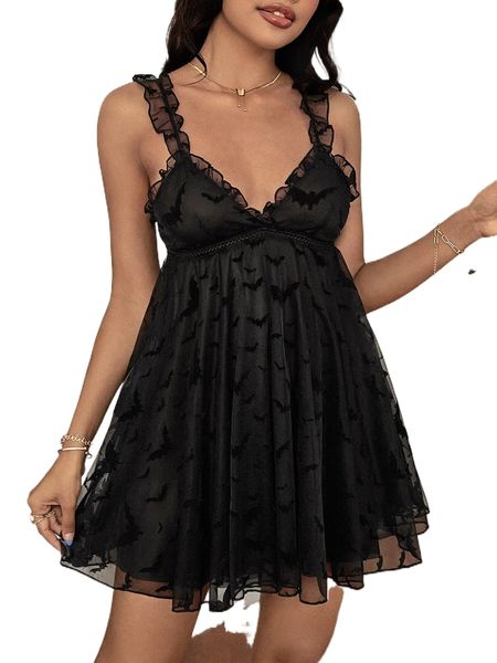 

bat pattern frill trim cami nightdress j4sj#, Black;red