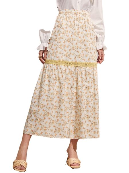 

elastic waist ditsy floral print skirt m43r#, Black