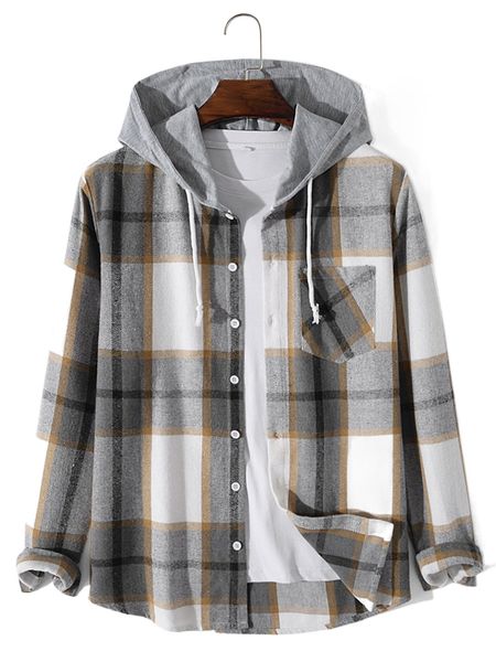 

men plaid patched pocket drawstring hooded coat without tee o61i#, Black;brown