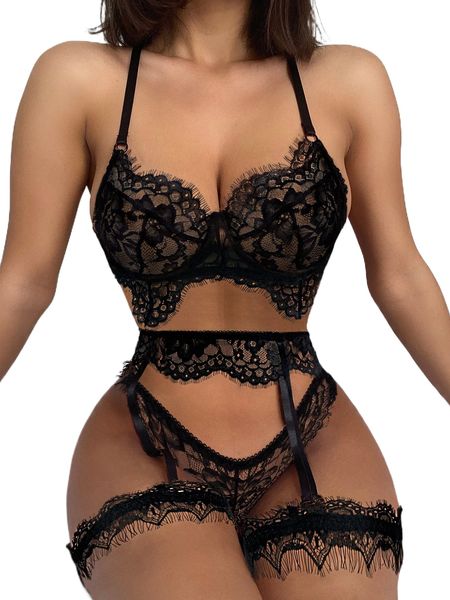 

5pack floral lace underwire garter lingerie set & 1pair leg ring s1wo#, Black;red