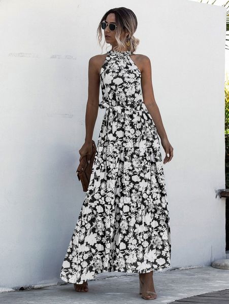 

halter belted ruffle hem floral dress o3sp#, Black;gray