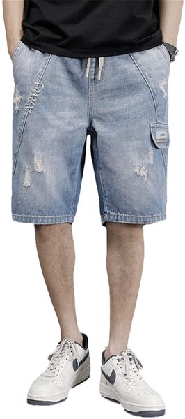 

men's loose summer casual shorts ripped denim cargo shorts for male elastic waist cargo pants bermuda jeans male f6jz#, White;black