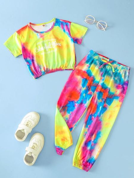 

toddler girls tie dye slogan graphic tee & pants she, White