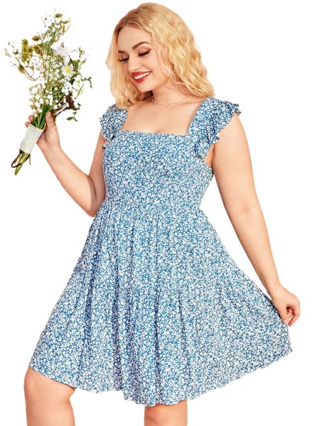 

plus square neck ditsy floral print ruffle hem dress y0wd#, Black