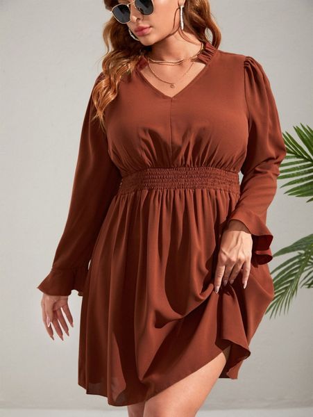 

plus shirred flounce sleeve dress 83y7#, Black