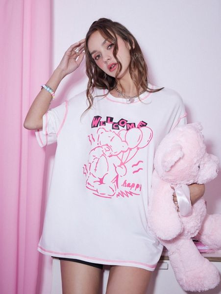 

romwe bear letter graphic stitching tee h1yg#, White