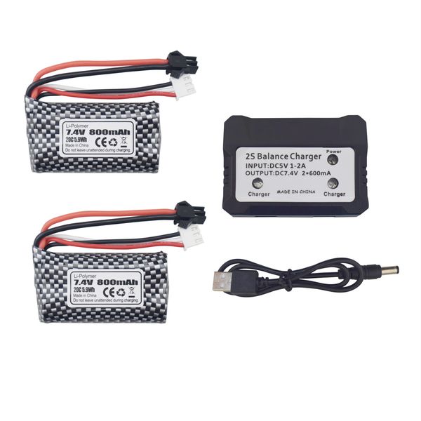 

2pcs 7.4v 800mah lithium battery with sm plug 2-in-1 charger for wpl c24 d12 rc truck parts anstory 1085 1086 1087 1088 gel ball blaster li-