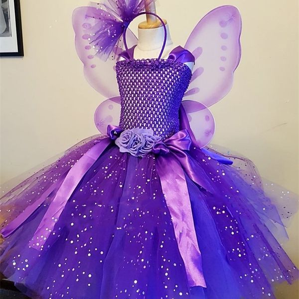 Vestito da tutu per bambina con fiore di farfalla viola Abito da ballo in tulle glitterato per bambini con ala Costume da festa di compleanno per bambini es 220422