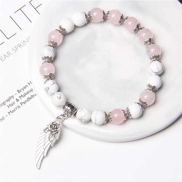 

handmade silver color strand rose angel wing pendant bracelet natural pink quartz crystal beads charm women romantic jewelry, Black