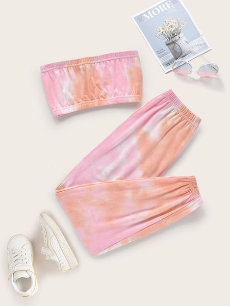 

girls tie dyed strapless and sweatpants she, White