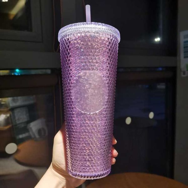 

starbucks water cup 710ml colorful diamond cut plastic straw cup dream bright girl heart purple water cup