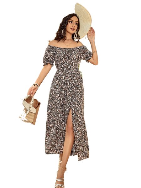 

ditsy floral split thigh bardot dress z56d#, Black;gray