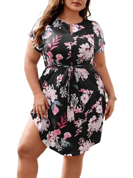 

plus floral print notched neck curved hem belted dress 1837#, Black
