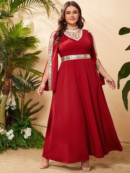 

plus mock neck colorblock contrast sequin split sleeve dress d2da#, Black