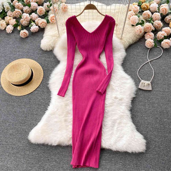 

casual dresses pit stripe knitted dress autumn goddess temperament v-neck showing waist and hips hip wrap bottomed skirt lnxq, Black;gray