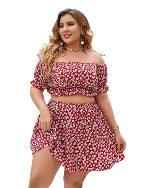 

plus ditsy floral off shoulder ruffle trim & skirt o37a#, Black