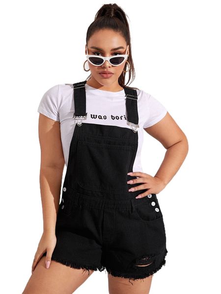 

plus ripped raw cut denim overall romper without tee 72u1#, Black;white