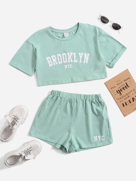 

girls letter graphic drop shoulder crop tee & shorts set she, White