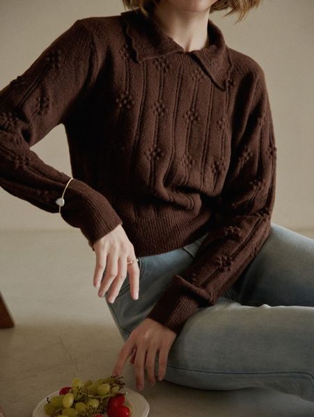 

simple retro solid textured scallop edge collar sweater 80yp#, White;black