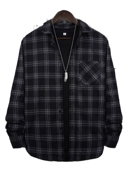 

men 1pc plaid print pocket patched coat 98so#, Black;brown