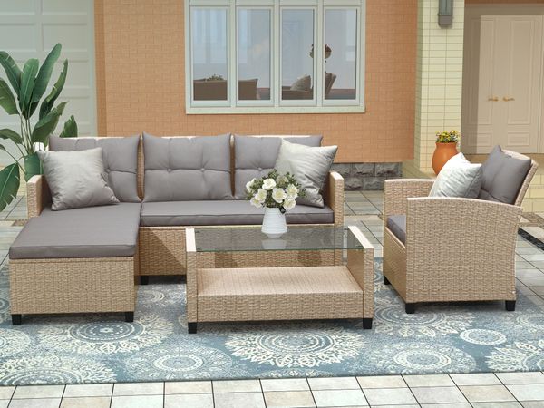 

outdoor patio furniture set of 4 rattan modular sofa with seat cushion beige