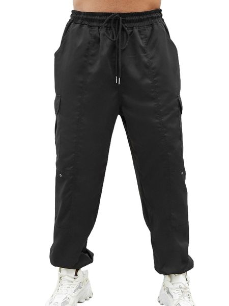 

extended sizes men flap pocket drawstring waist cargo pants 24cf#, Black