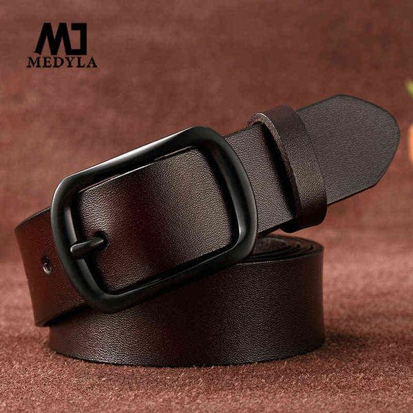 

medyla leather pure cowhide belt square buckle pin casual simple all-match student tij jeans fashion for women t220722, Black;brown